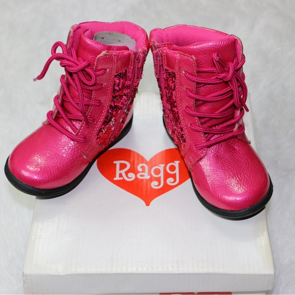 Girls Ragg Pink Sequin Leather Lace Up Side Zipper New Boots Shoes Size 22 US 6 - Picture 1 of 10